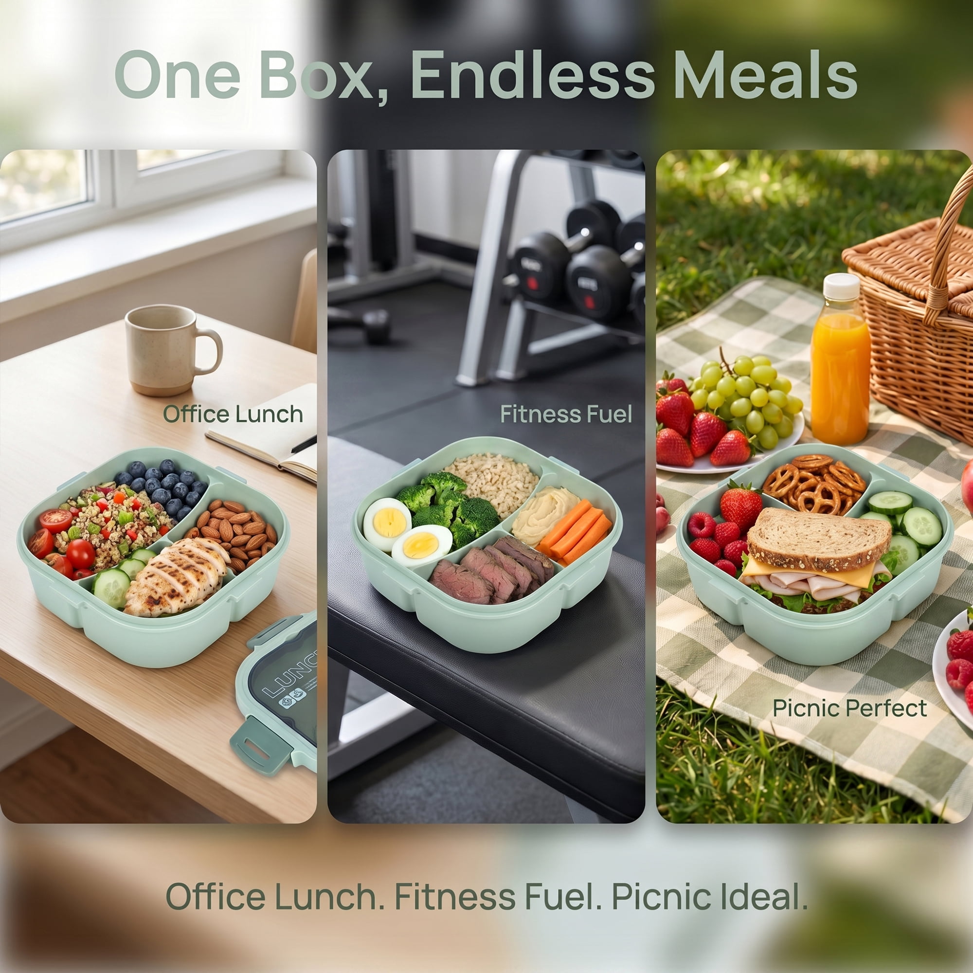 Unique Bargains 1200ml Leak-Proof Meal Prep Lunch Bento Box Green