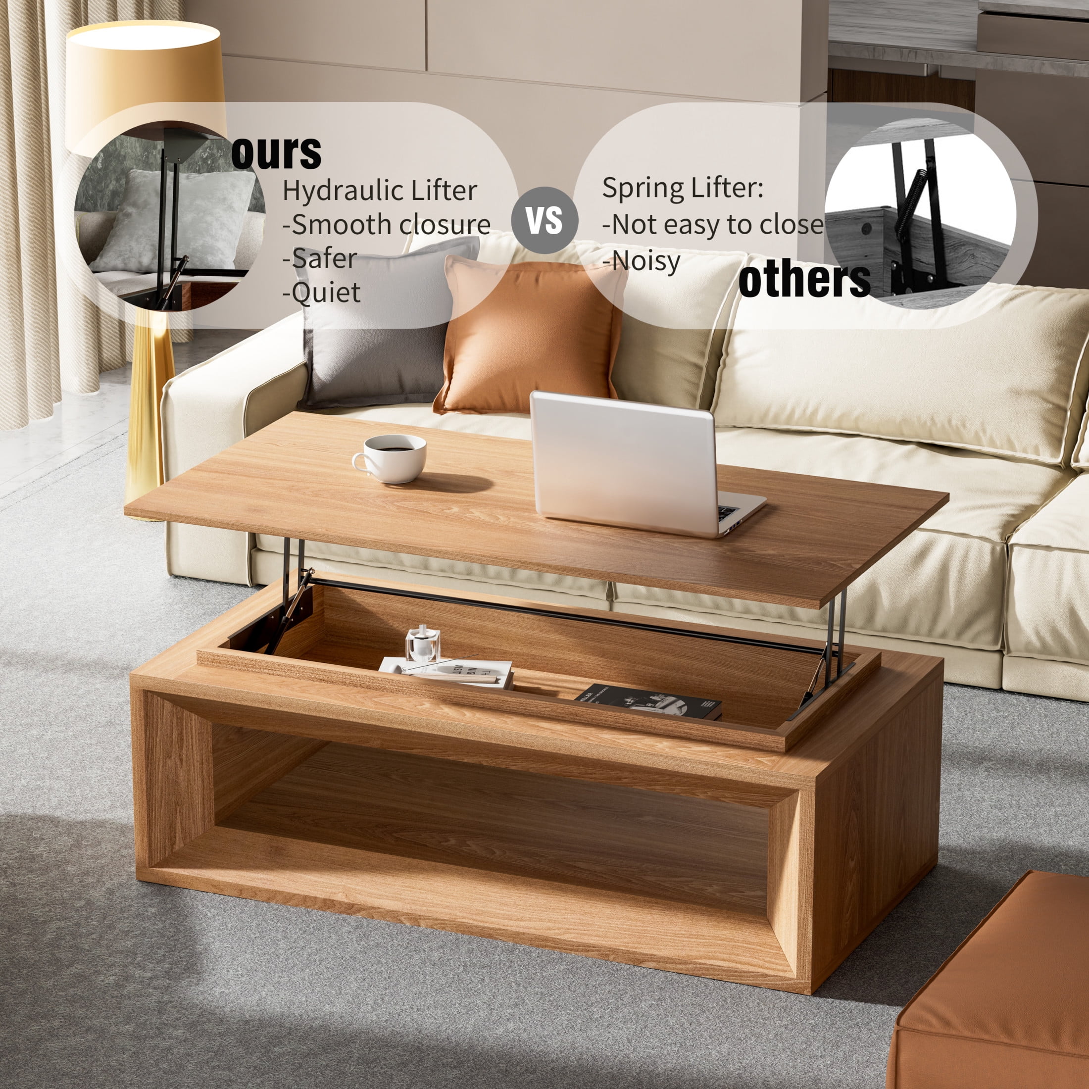 Noble House Fraser 43.3" Modern Lift-Top Coffee Table with Hidden Storage, Adjustable Height for Living Room, Natural