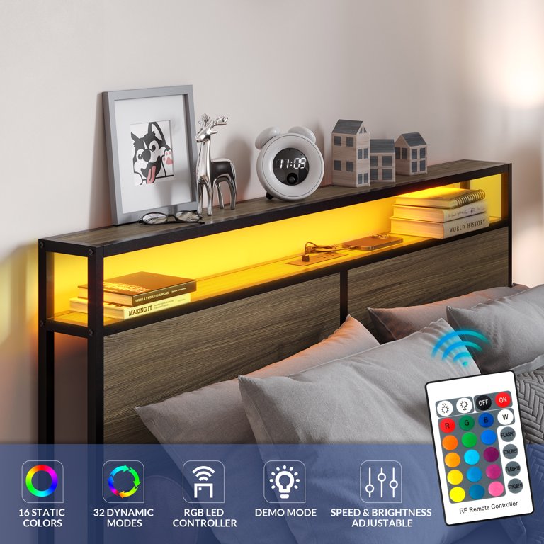 Belleze Queen Size Bed Frame with 2-Tier Storage Headboard and 4 Drawers Under Bed, Sturdy Metal Platform Remote Control RGB LED Light Ultra-Fast