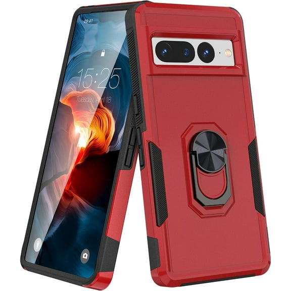 Case Compatible for Google Pixel 7 Case, Dual-Layer Protective Shockproof Heavy-Duty Bumper Phone Case Cover with 360 Ring Kickstand for Google Pixel 7 Case - Red