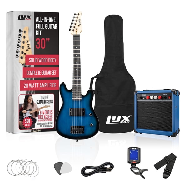 LyxPro Guitarra eléctrica de 30 pulgadas y kit de iniciación para niños con guitarra para principiantes de tamaño 3/4, amplificador, seis cuerdas, dos púas, correa para el hombro, afinador digital con