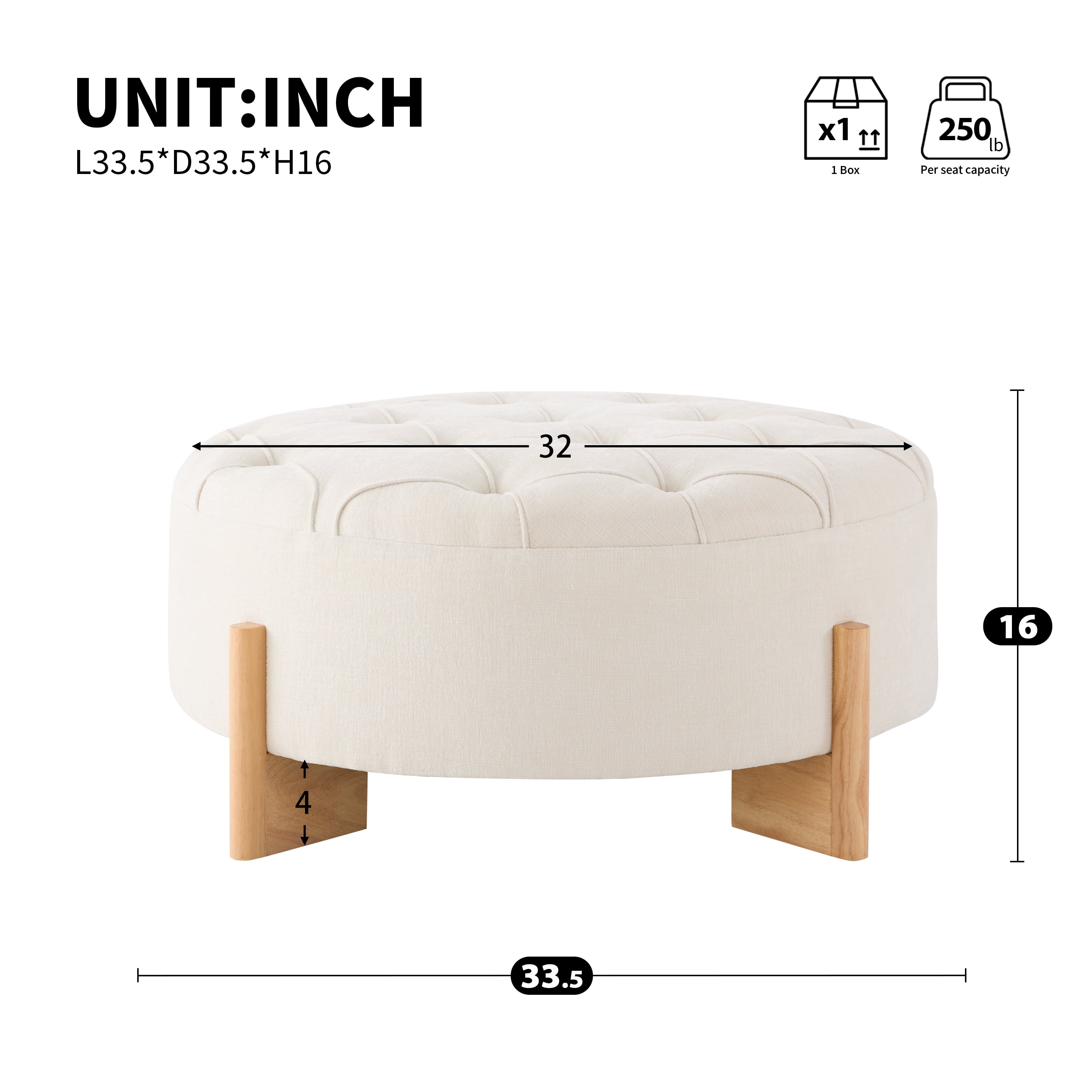 Ottoman, Footrest, Coffee Table, Round Tufted Stool with Sturdy Solid Wood L-Shaped Legs and Classic Piping Design, Chenille Fabric, for Living Room, Beige