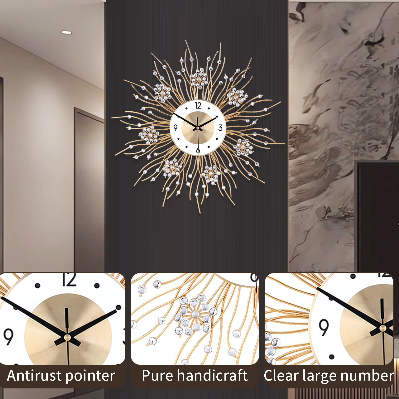 Luxury Sunburst Wall Clock with Crystal Accents - Christmas & New Year Modern Decor for Living Room, Bedroom, Office