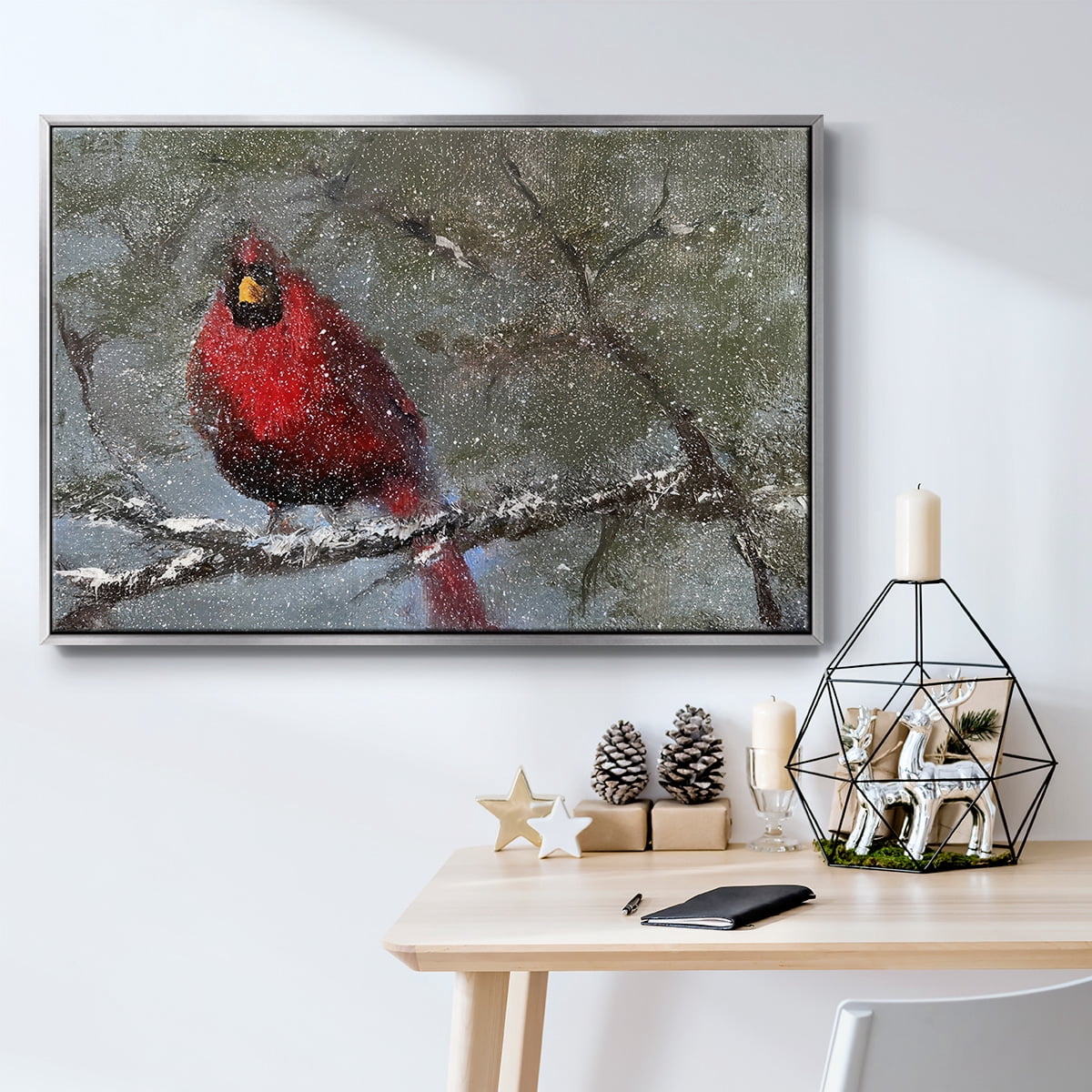 Cardinal in Snow I - Framed Gallery Wrapped Holiday Canvas - 17 x 25 - Silver Frame