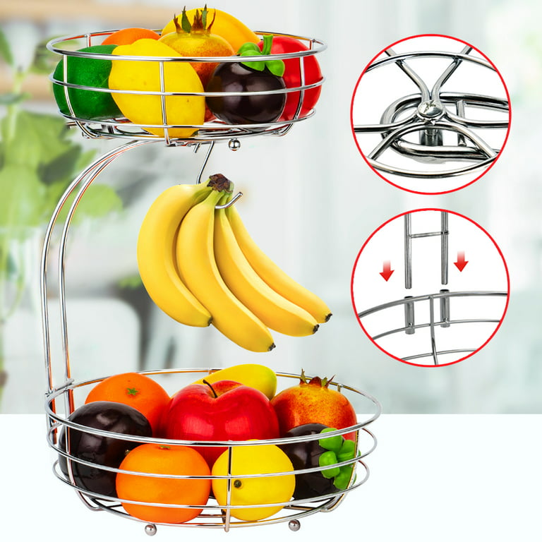 Auledio Houseware 2 Tier Fruit Basket with Banana Hanger, Fruit Bowl for  Kitchen Counter, Hanging Storage Baskets for Organizing, Detachable,Silver
