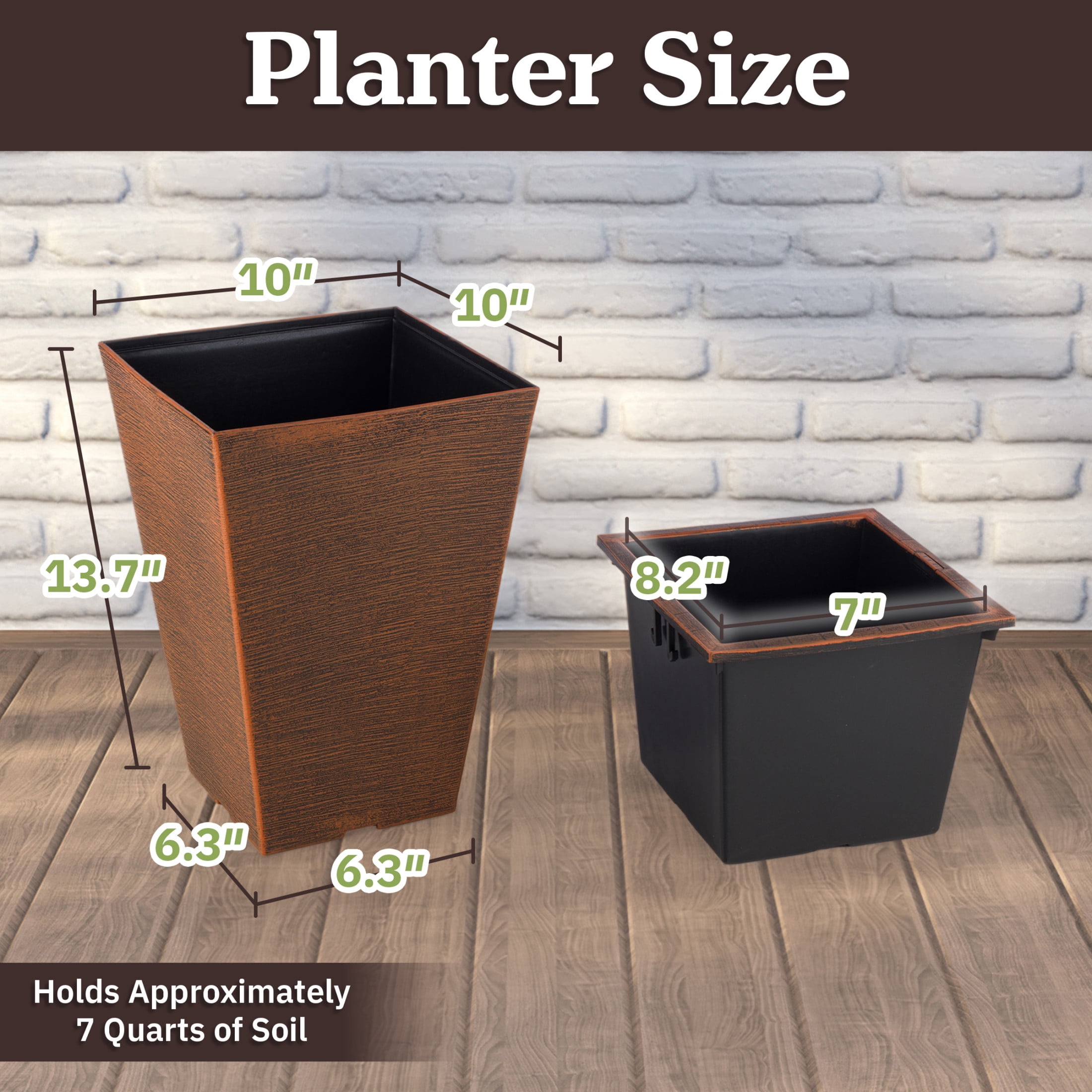 Pure Garden Large Outdoor Planters 2-Pack - 13.75” Tall Planters for Outdoor Plants or Indoors, Bronze