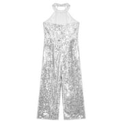 Eandarui Kids Girls Halter Neck Sequins Birthday Party Romper Sleeveless Jazz Latin Dancewear Silver 12