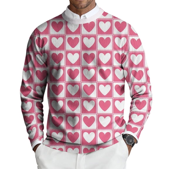 Mens Crewneck Pullover Sweater Valentine's Day Stretch Long Sleeve Heart Pattern Sweater Slim Fit Pullover Sweaters for Valentines