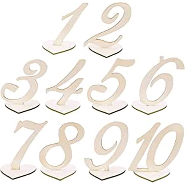Números de mesa de madera con base de soporte de corazón de madera Números de madera para decoración de mesa de boda Base de corazón 1-10