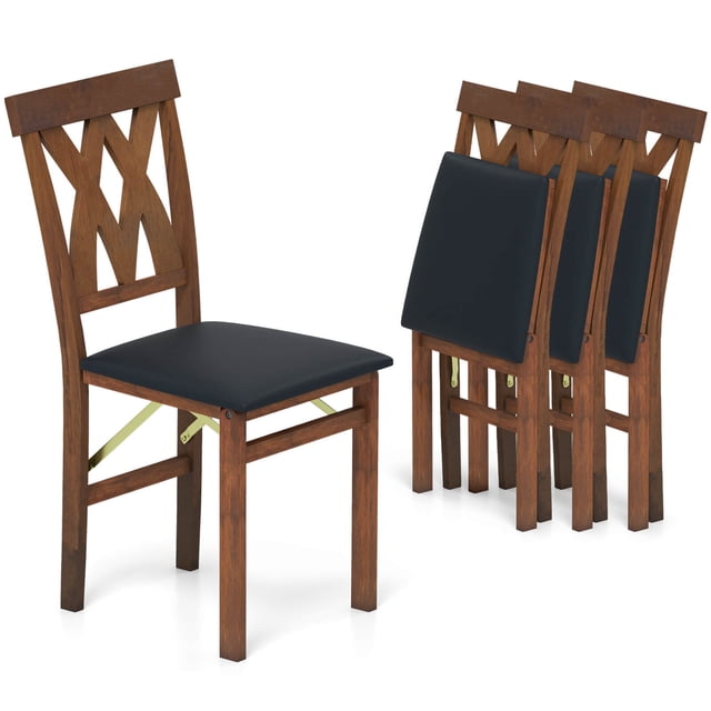 Costway Folding Kitchen Chairs Set of 4 with Rubber Wood Frame Padded Seat with PVC Leather