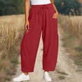 thumbnail image 2 of VEKDONE Women's Elastic Waist Wide Leg Pants Summer Cotton Drawstring Lounge Long Pants Casual Beach Vacation Baggy Palazzo Barrel Pants with Pockets Red M, 2 of 6