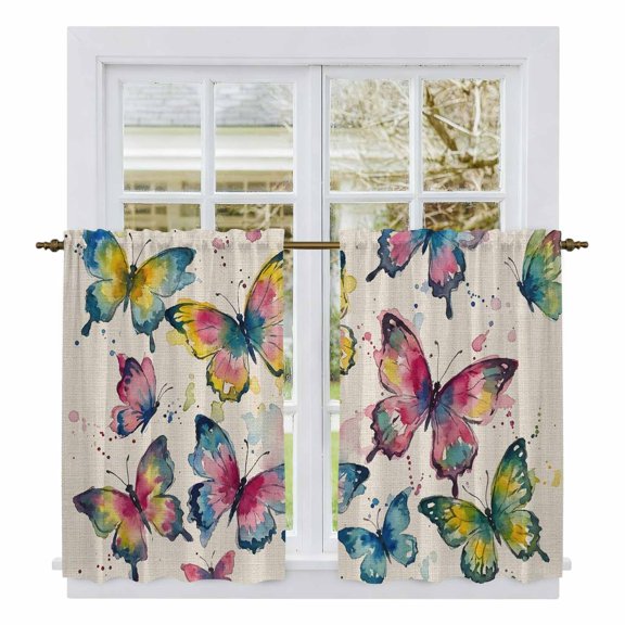 Colorful Butterfly Kitchen Curtain for Berdoom Living Room Cafe 54" Length, Elegant Pastoral Butterflies Rustic Watercolor Tiers Curtains Light Filtering Drapes Window Treatment 2 Panels 52"Wx54"L