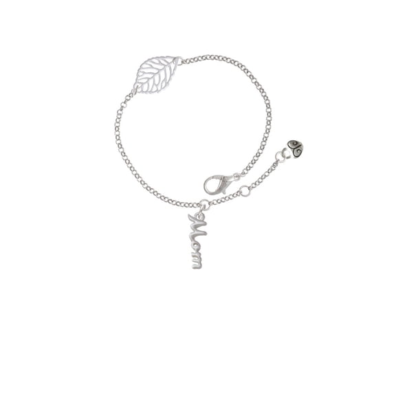 Delight Jewelry Silvertone Small Mom Script - Silvertone Leaf Delicate Bracelet, 6.25 1.75"