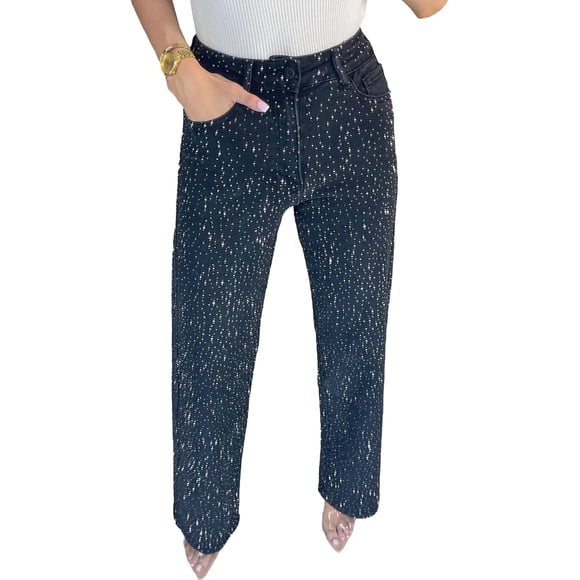 Sexyshine Women's Diamond Rhinestone Jeans High Waist Straight Wide Leg Stretchy Bling Denim Pants