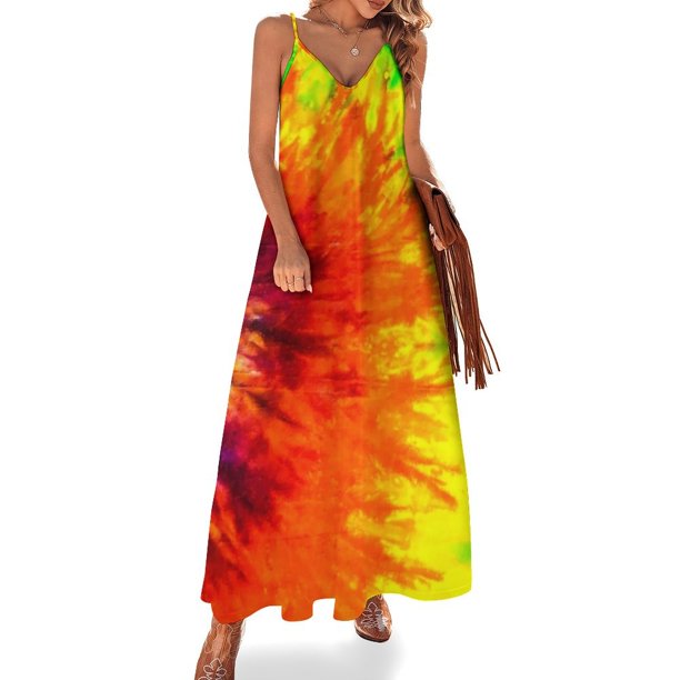 Vestido hippie teñido anudado, retro psicodélico, kawaii, maxivestido con tirantes, elegante, bohemio, para playa, largo, de verano, con cuello en V, de gran tamaño