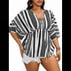 thumbnail image 2 of Camiseta de Verano Holgada de Corta con Cuello en V y Rayas para Mujer, Talla Grande, para Vacaciones Negro XXXL, 2 of 10