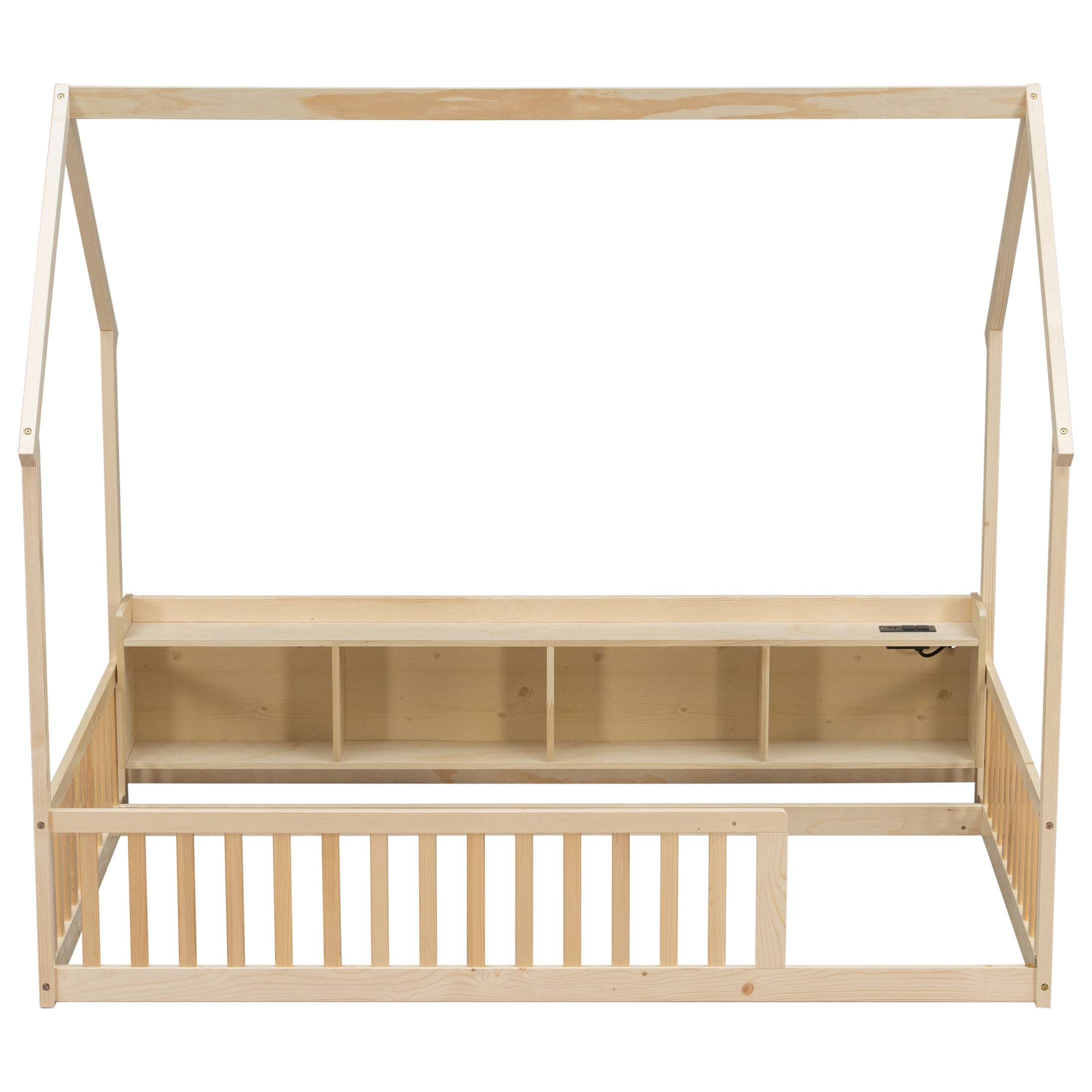 Noble House Norra Twin Size Pine Wooden House Floor Bed with Storage Shelves, LED Lights & Charging Station, Natural