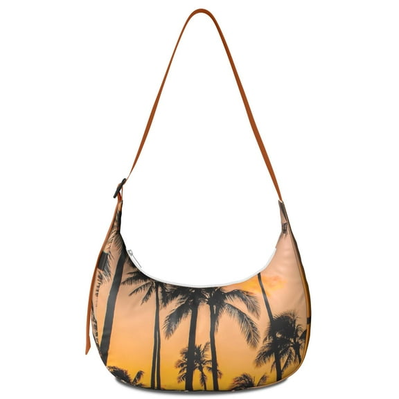 Tropical Palm Trees Crossbody Bag for Women Hawaii Sunset Corduroy Shoulder Purse with Adjustable Strap Boho Beach Vacation Crescent Sling Bag Vibrant Island Style