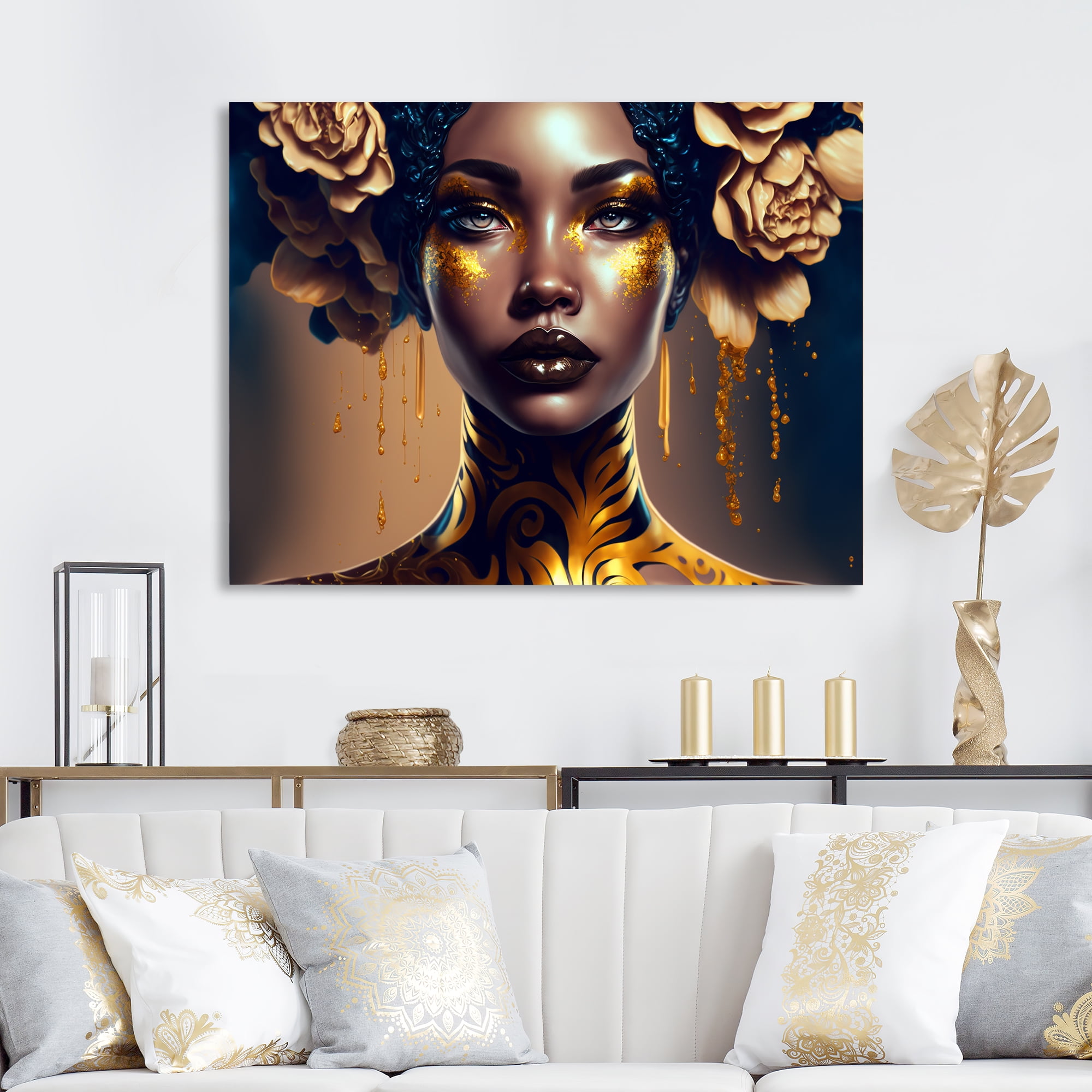 Designart Gold And Black Floral Woman II Canvas Wall Art
