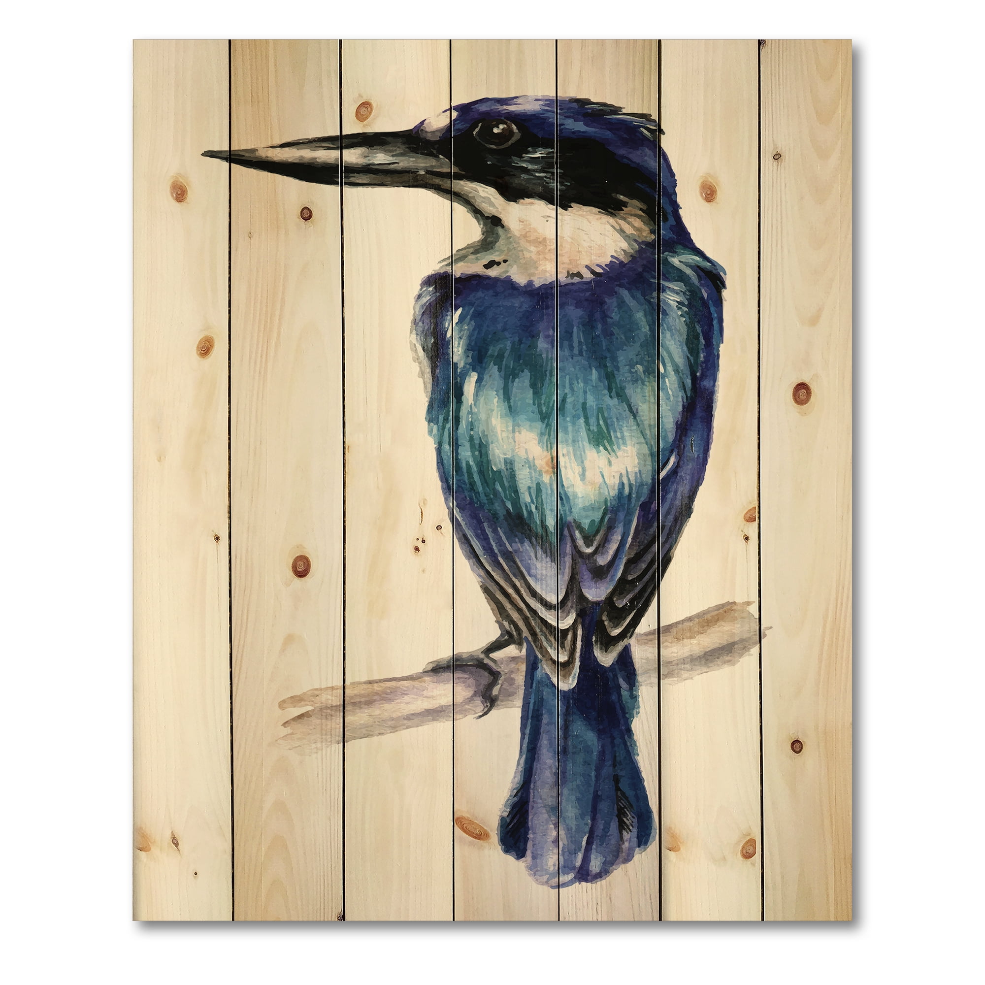 Designart 'Style Blue Kingfisher Bird' Traditional Print on Natural Pine Wood