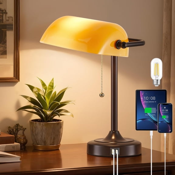 Vintage Bankers Desk Lamp, Retro Desk Lamp with USB & Type C Charging Ports, Traditional Pull Chain Switch Library Table Lamp for Office, Nightstand