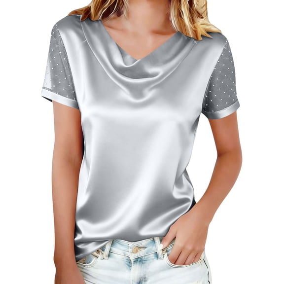 Yievot Women's Short Sleeve Satin Shirts Casual Dressy Blouses Eyelet Summer Business Work Tops