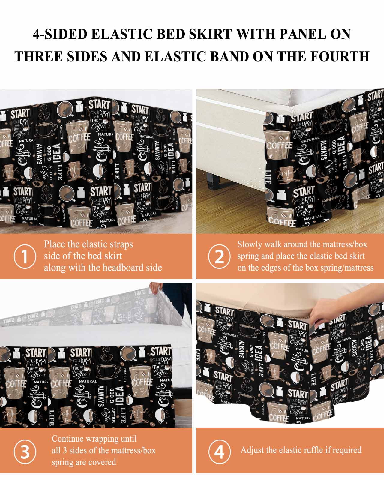 Coffee Black Wrap Around Bed Skirts for Queen Bed 16" Drop,Bed Skirt with Adjustable Elastic Belt Dust Ruffle Bed Valance for Bedroom Hotel Brown Beans Cup Dessert Drink Monochrome Bed Frame Cover