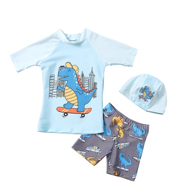 Odeerbi 1-8 Años Niños Traje de Baño de Entrenamiento Atlético de Tres Piezas Con Conjunto de Gorra de Baño Traje de Baño de Surf de Playa de Verano Ropa de Playa Linda de Dinosaurio