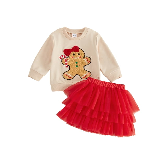 Conjunto navideño para niña pequeña: sudadera de manga larga + falda de tul