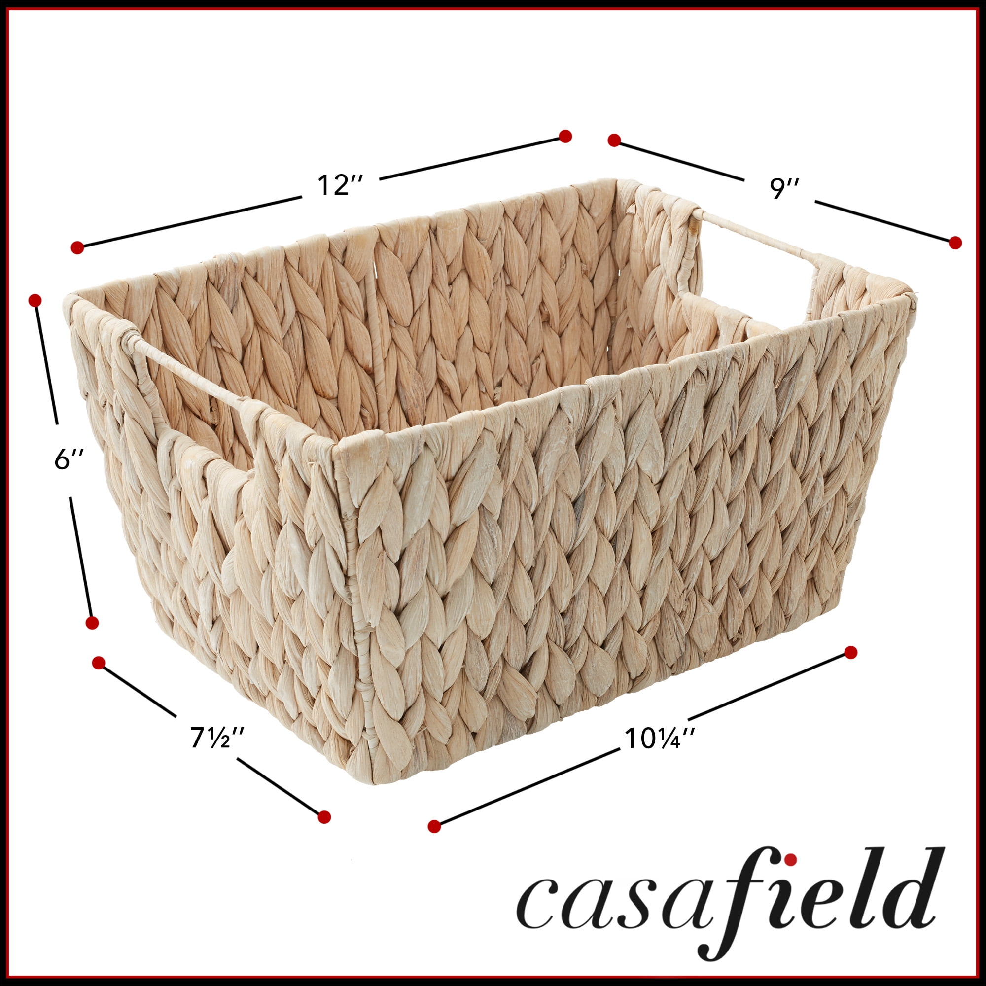 Casafield Set of 4 Water Hyacinth Storage Baskets with Handles - Whitewash White, 12" x 9" x 6" Rectangular Storage Shelf Bins, Blankets, Laundry