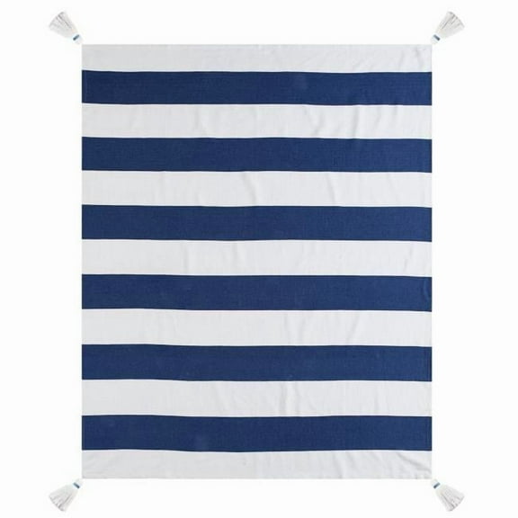 0.2 x 50 x 60 in. Blue & White Knitted Cotton Striped Throw Blanket