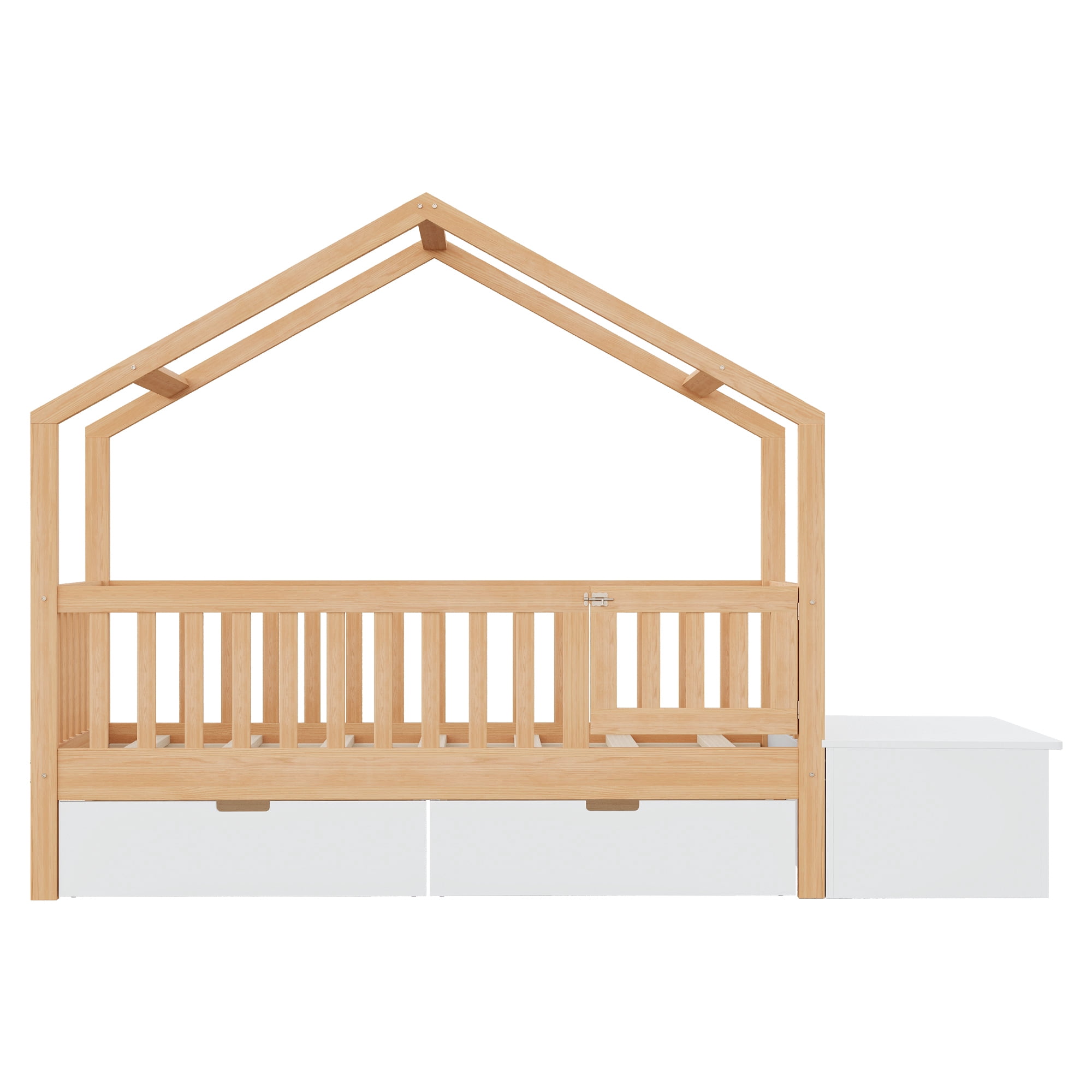 Euroco Wood Toddler House Bed with Drawers and Lift Up Chest, Natural Wood