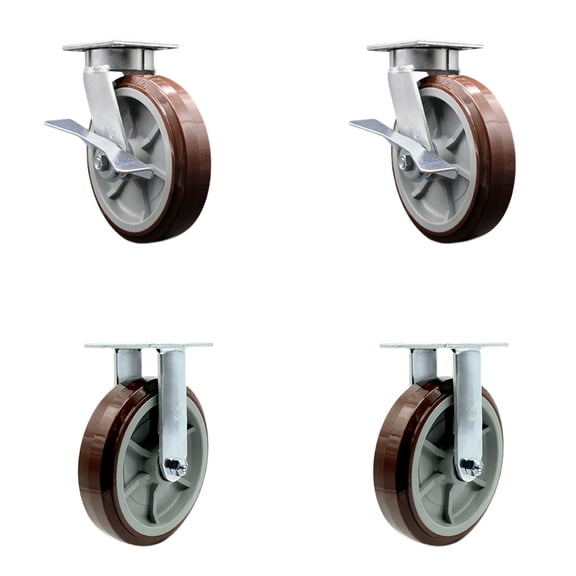8 Inch KP Polyurethane Caster Set with Ball Bearings 2 Brakes 2 Rigid SCC