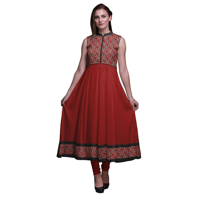 Bimba Rouge à Lèvres Rouge Tribal Indien Long Kurti pour Femmes Tenue de Soirée Robe Anarkali Kurti Imprimée TTG