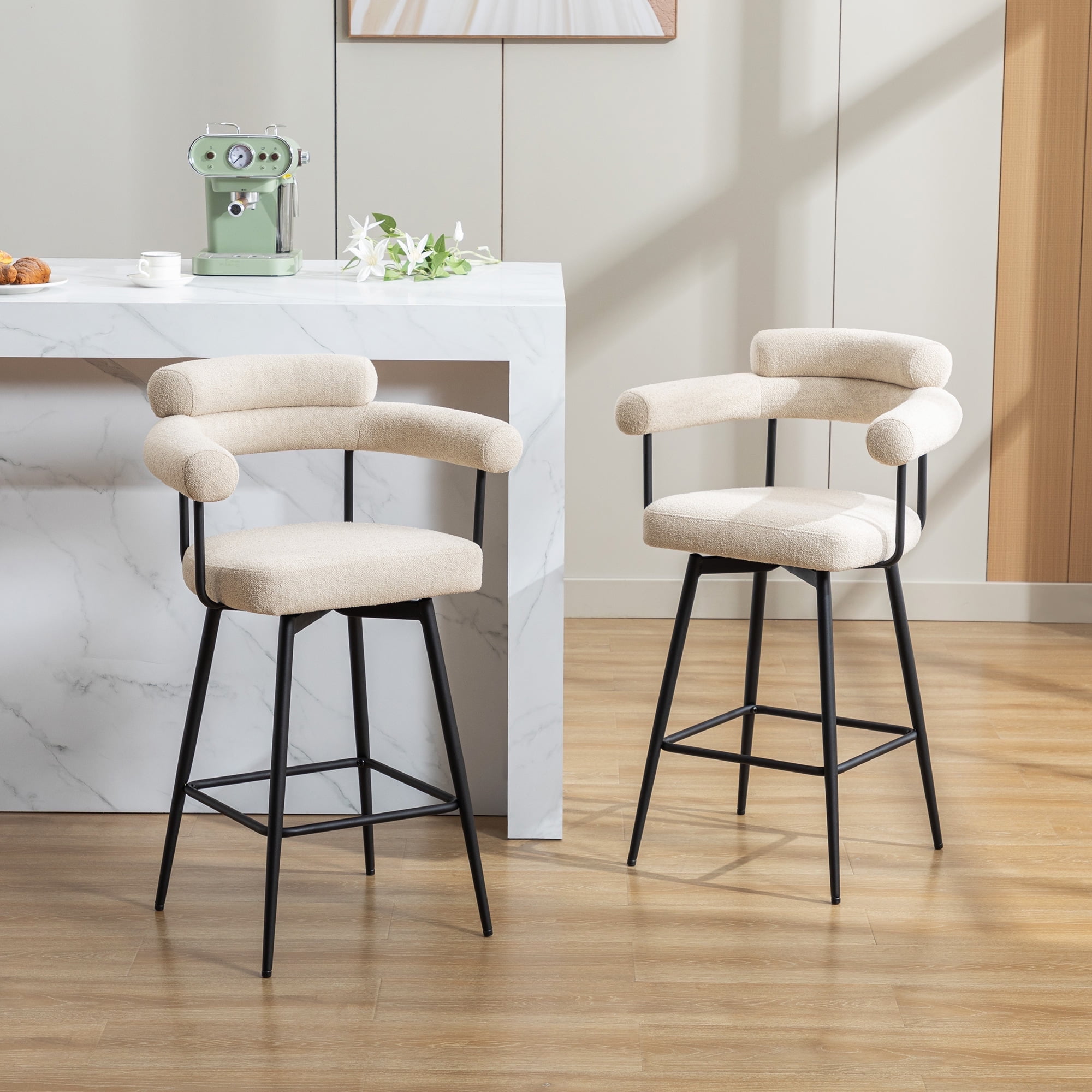 Zesthouse 26.7" Swivel Counter Stools Set of 2, Linen Upholstered Bar Stools with Back and Metal Legs, Modern Counter Height Chairs for Kitchen Island, Beige