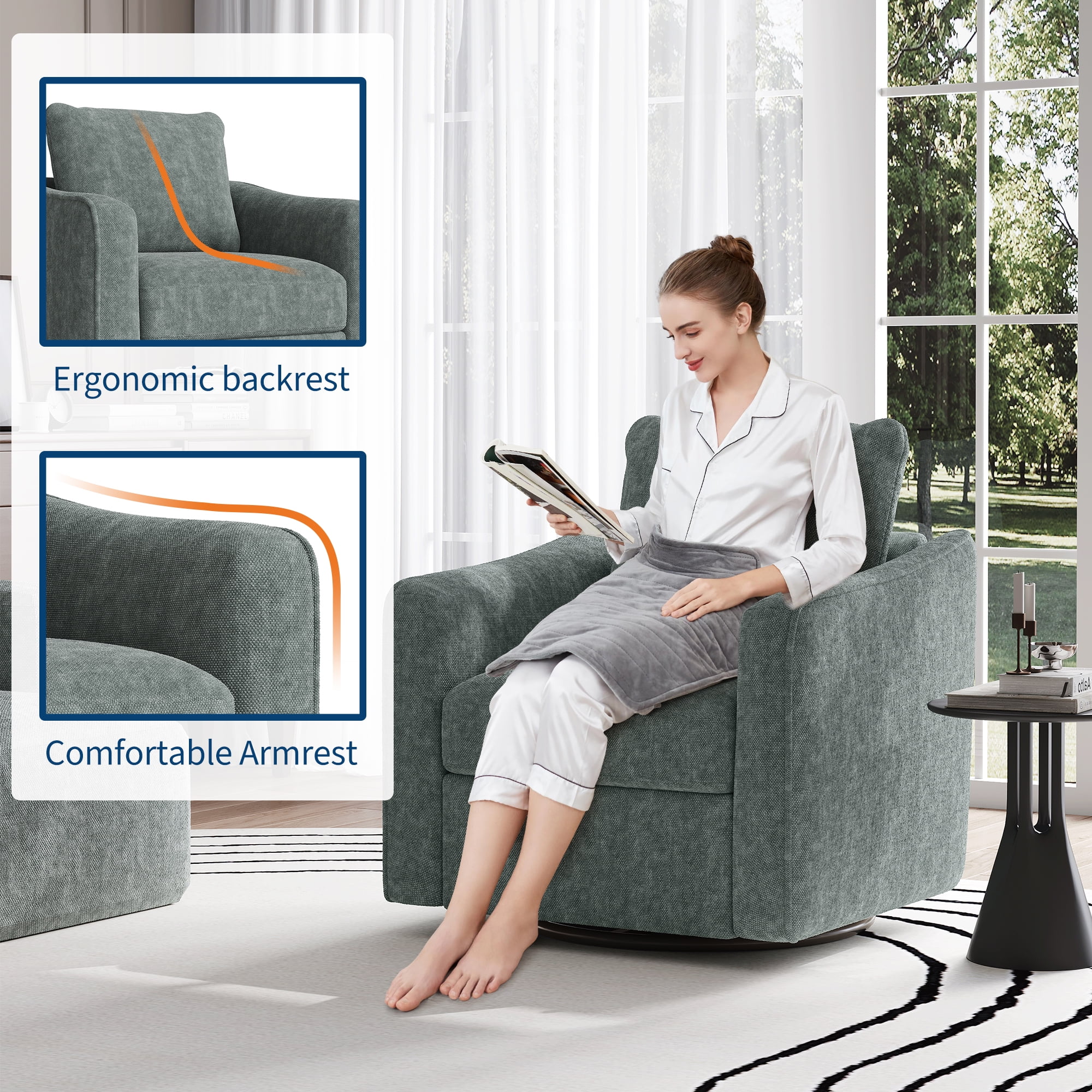 Swivel Rocker Recliner Chair, Glider Rocker Recliner, Rocking Chair Nursery, Fabric Chair with High Back, Deep Seat, for Living Room, Bedroom, Green