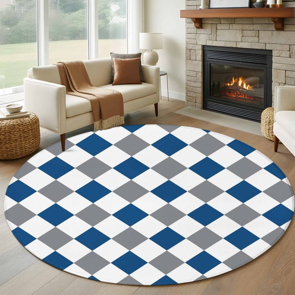 Blue Grey Plaid Round Area Rug 5Ft Washable Circle Rugs for Living Room Bedroom, Modern Geometric Minimalist Checkered Non-Slip Carpet Floor Mats Indoor Outdoor Carpet Runner Aesthetic Home Decor
