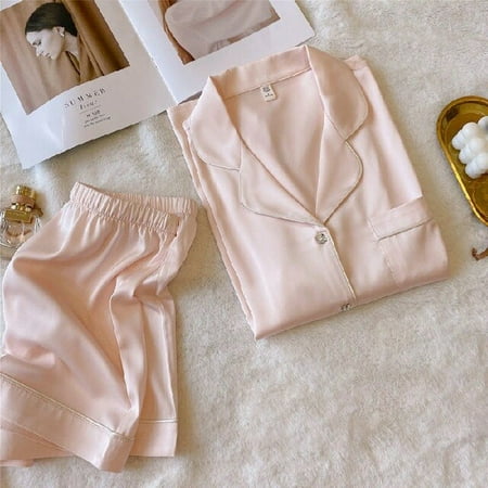 

CoCopeaunt Summer Pajamas Ladies Sweet Satin Silk Solid Color Pajamas Set Short Sleeve Pants Women Ice Silk Cute Homewear Casual Wear