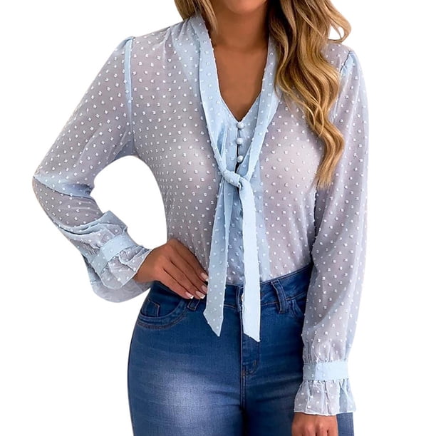 Blusa de manga larga con cuello en V para mujer, sexy, de gasa, con malla transparente Pompotops gfhjh5375