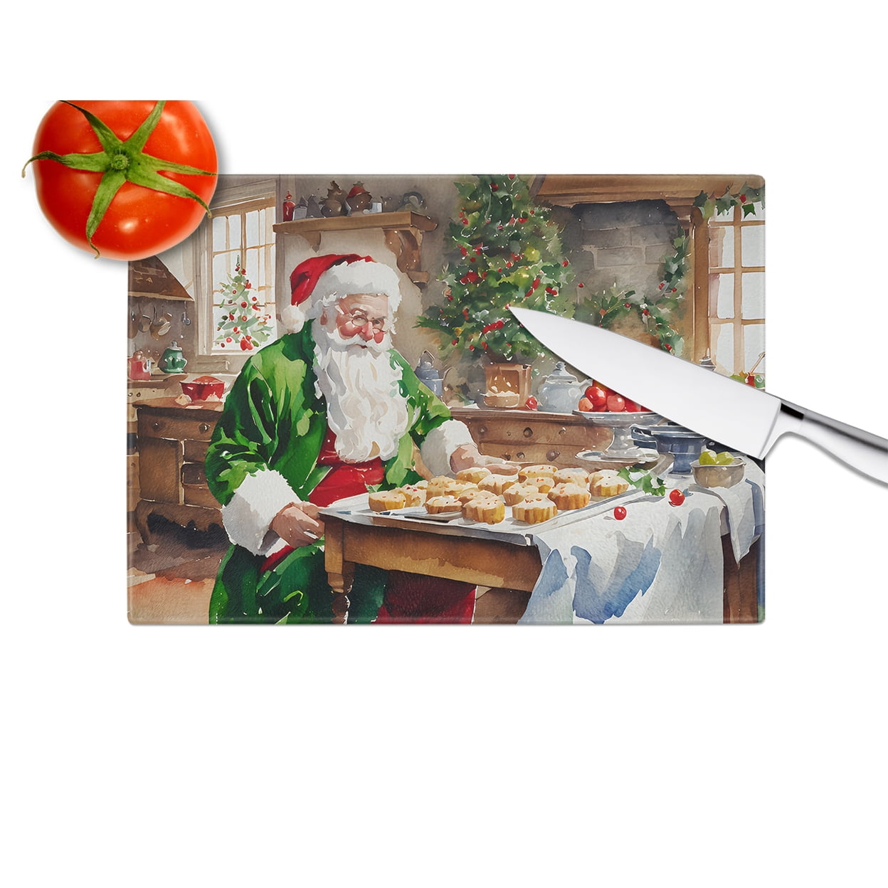 Cookies with Santa Claus Father Christmas Glass Cutting Board Large 12 in x 15 in