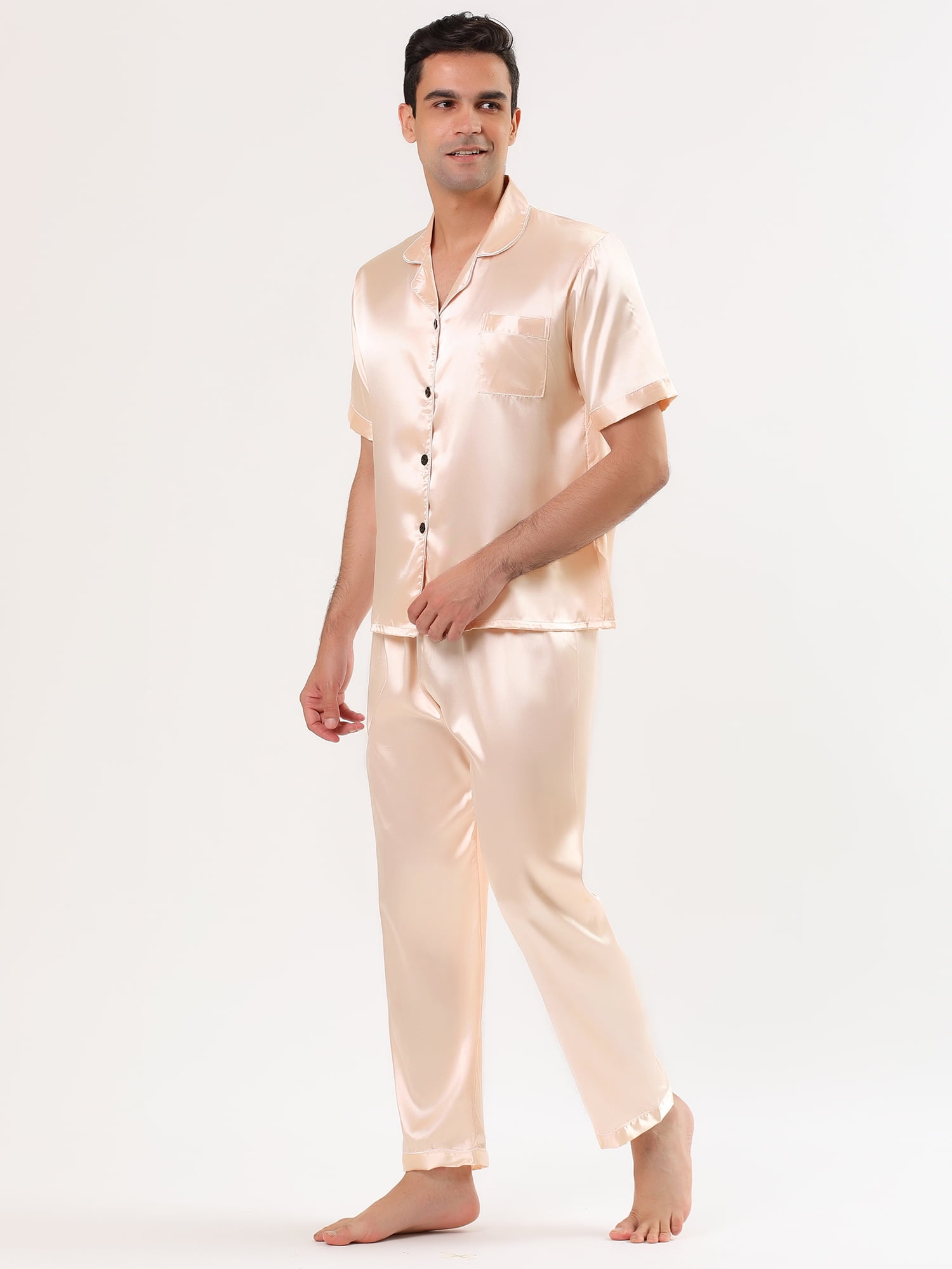 Unique Bargains Men's Button Down Satin Pajama Sets Short Sleeves Nightwear X-Large Rose Gold