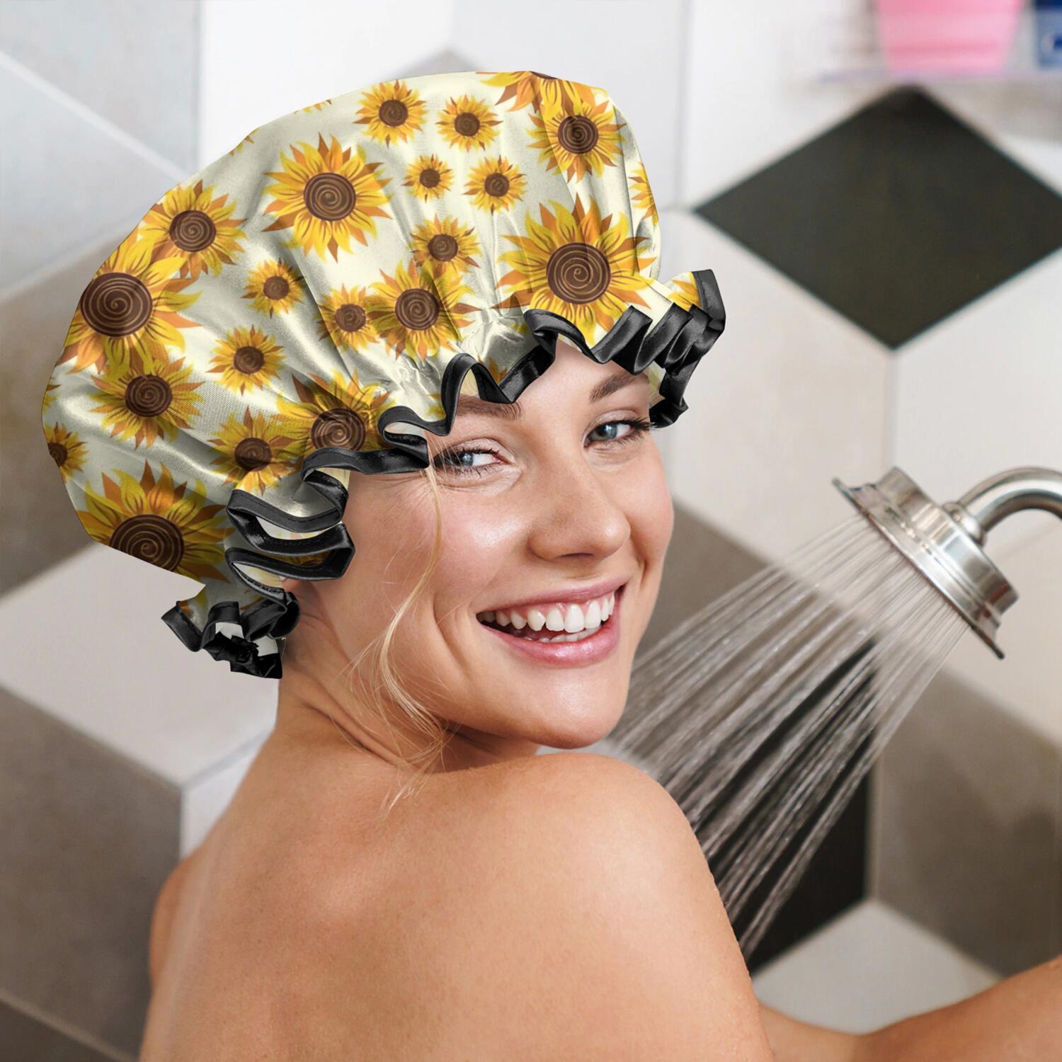 Shower Caps,Yellow Brown Sunflower Pattern Waterproof Shower Cap for Women 4 Pieces,Double Reusable Hair Cover for Shower PEVA Elastic Stretch Hem