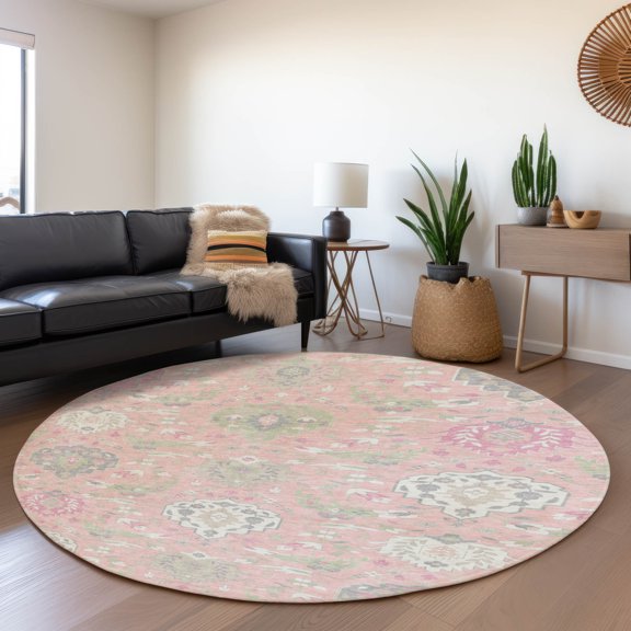 Addison Rugs Mayfield Premium Machine Washable Traditional Damask Pink Round Rug, 8' x 8'