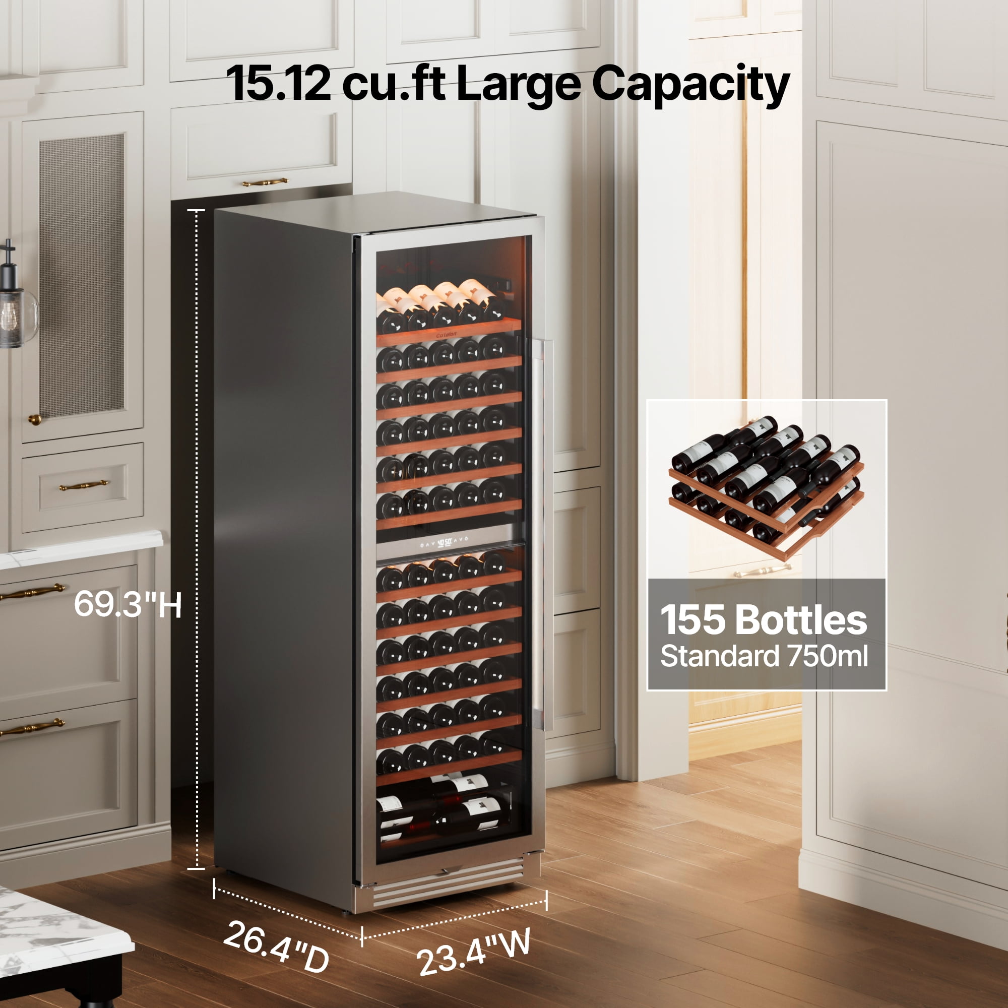 Ca'Lefort Wine Refrigerator, 24 inch 155 Bottle Dual Zone Fridge with Inverter Compressor Freestanding/Built-In Wine Cooler for Home, Bar & Office
