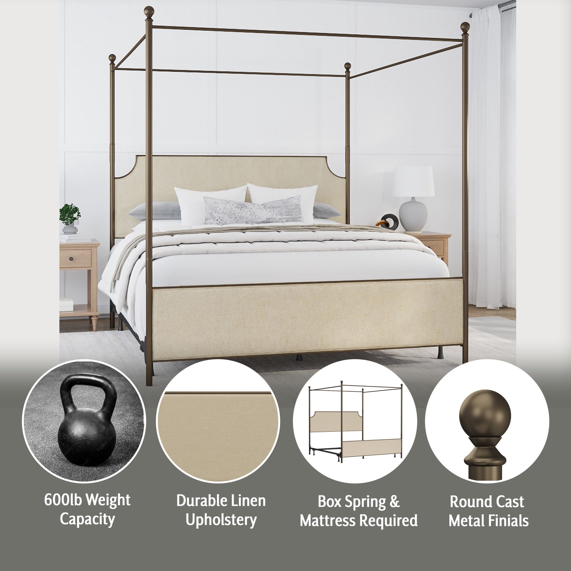 Hillsdale Furniture McArthur Metal Upholstered Canopy King Bed, Bronze with Linen