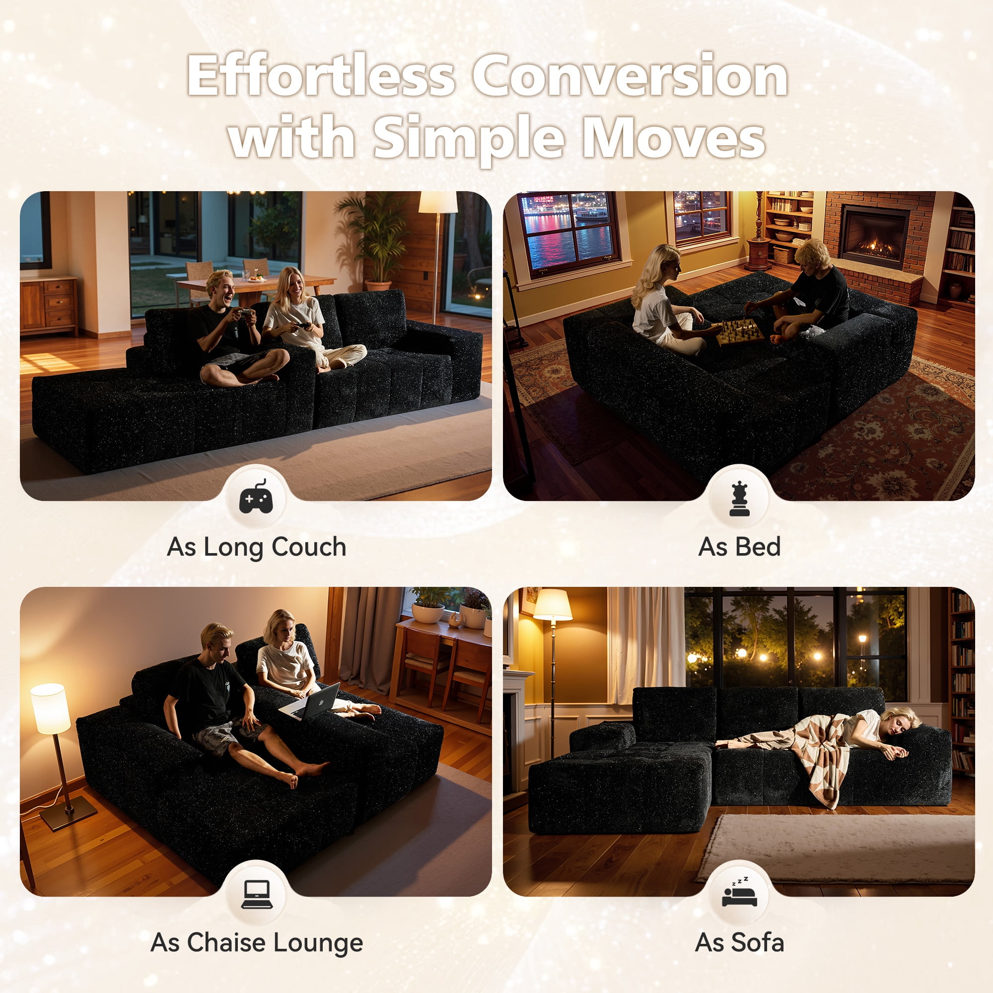 Vcatnet 114.6" Modular Sectional Sofa Couch, Modern Corduroy Cloud Sofa Couch, Oversized L Shaped Couch with Chaise for Living Room, No Assembly Required, Black
