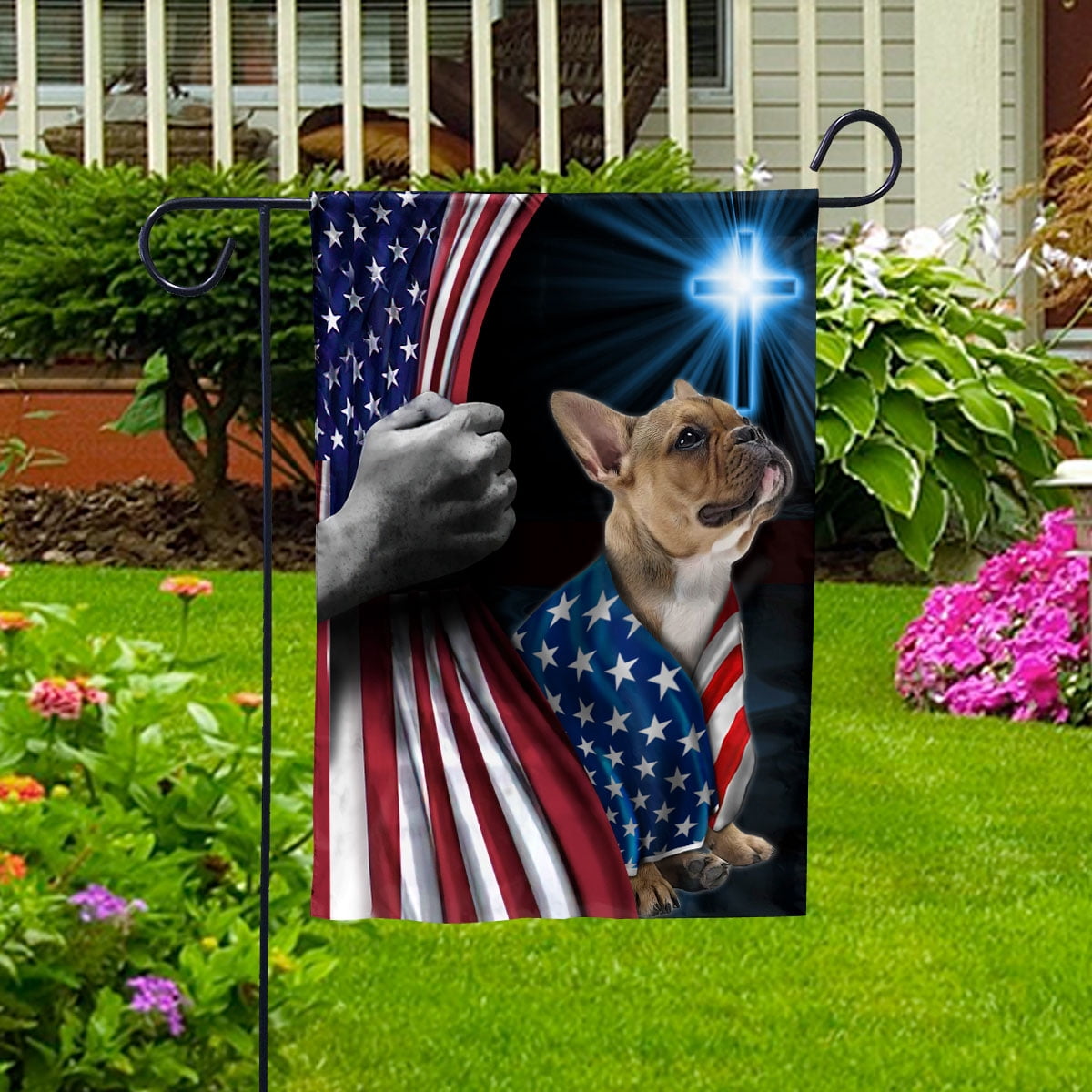 Hand Pulling USA Flag French Bulldog Dog Wearing Flag American Standing under Cross Christian Patriotic House Flag (3x5) Double Sided- Premium Polyester-Decorative Indoor Outdoor Flag