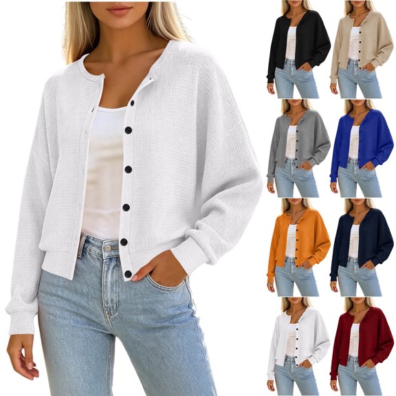 Admvng Women's Cardigan Crew Neck Button Down Waffle Knit Long Sleeve Pocket Cropped Sweater Jacket