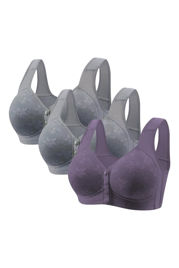 3 Pack Daisy Bras for Older Women Comfortable No Underwire Front Closure Push Up Bra Upgraded Breathable Full Coverage Bra
