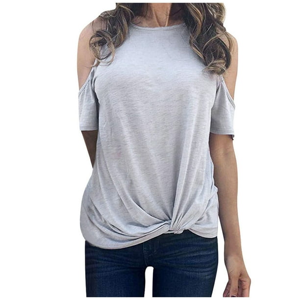 Cathalem Womens Short Sleeve Textured Tops Crewneck Knit Solid Loose Casual  Basic T Shirts Tee Blouses,Gray L 